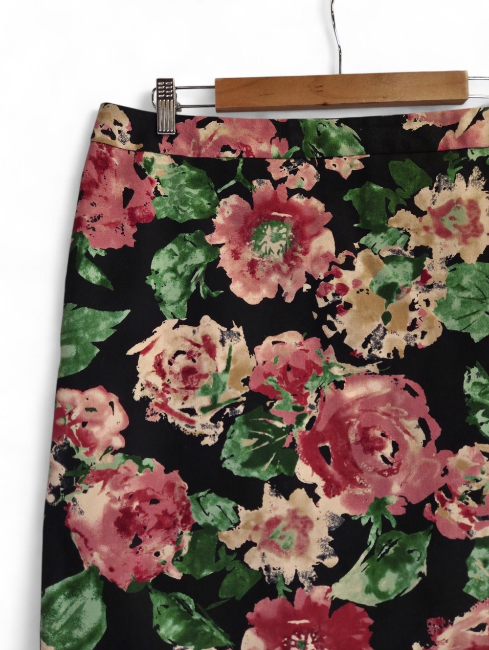 Talbots Black Floral Pencil Skirt with Pink & Green Roses Size 12 - Picture 2 of 9